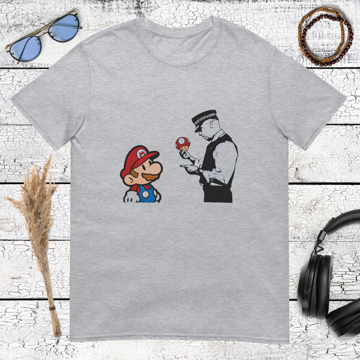 Specially designed Mario and police stencil art on a sport grey cotton t-shirt