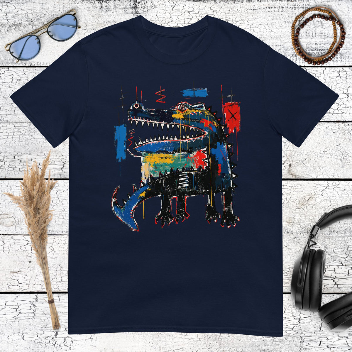 Colourful neo-expressionist crocodile artwork printed on a navy blue t-shirt