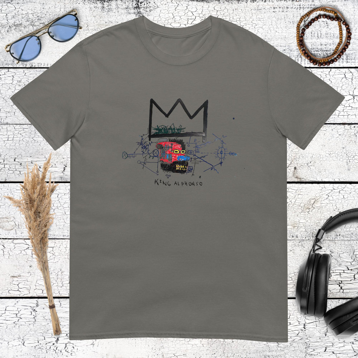 Colourful Basquiat-inspired crown skull artwork printed on a charcoal t-shirt