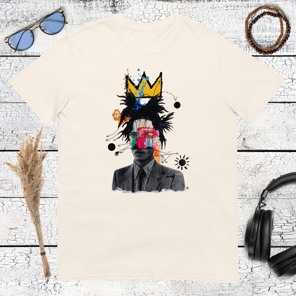 Basquiat-inspired abstract portrait with crown detail printed on a natural cotton t-shirt
