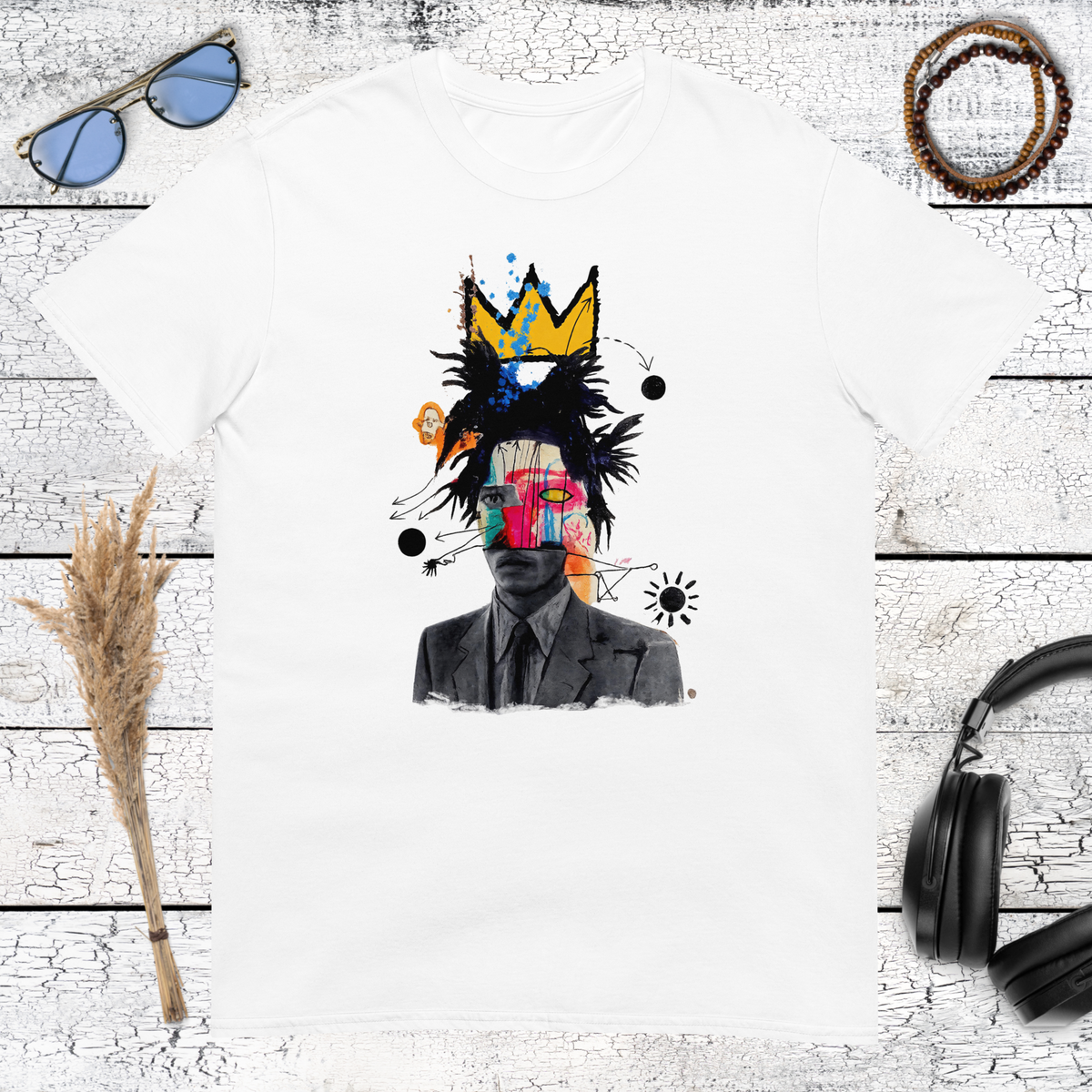 Colourful abstract portrait with crown and graffiti details printed on a white t-shirt