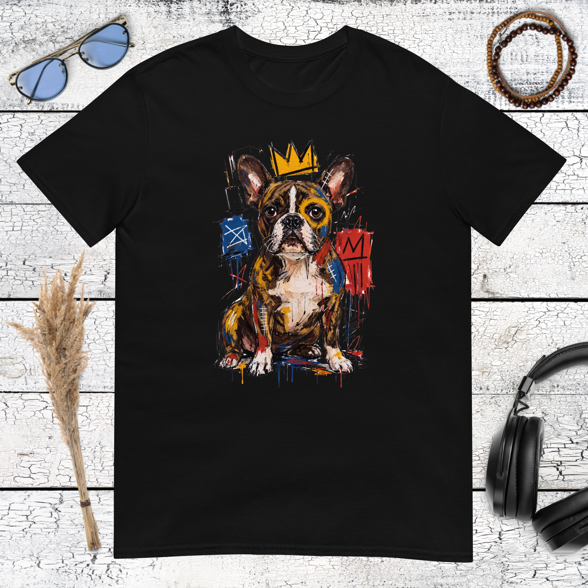 Colourful Basquiat-inspired Boston Terrier graphic printed on a black t-shirt