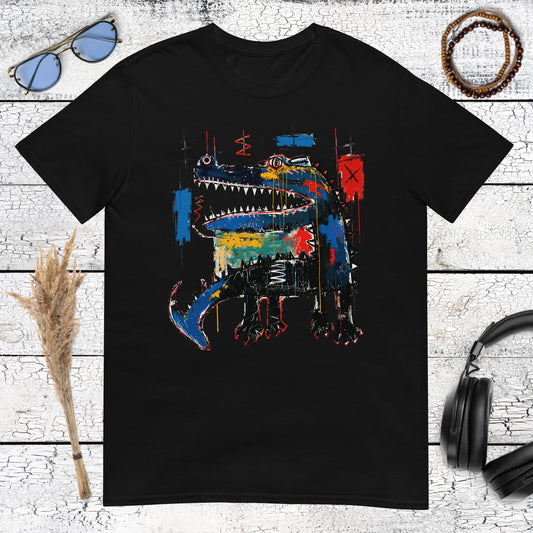 Colourful Basquiat-inspired crocodile street art graphic printed on a black t-shirt