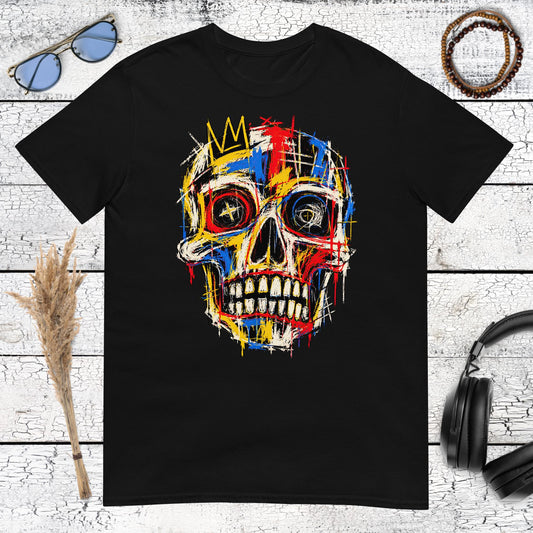 Colourful crowned skull artwork inspired by Basquiat-style art printed on a black tshirt