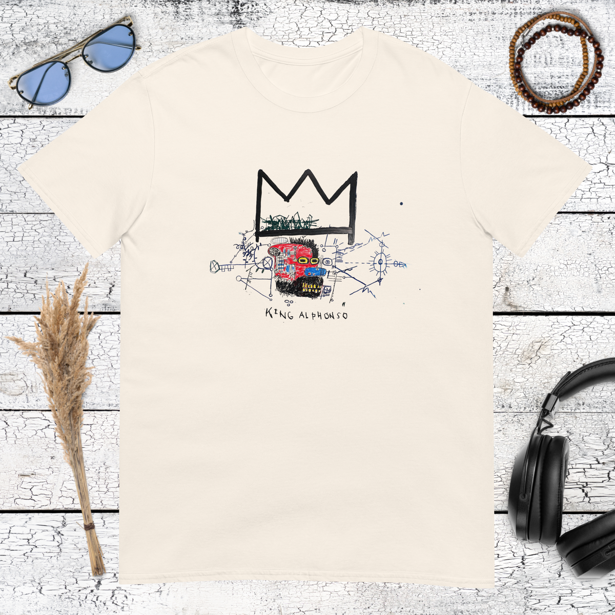 Colourful crown skull graffiti artwork printed on a natural cotton t-shirt
