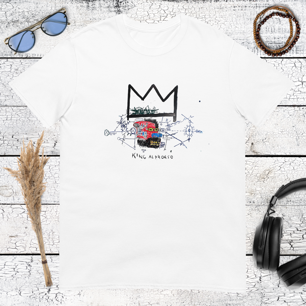 Colourful crown skull street art graphic printed on a white t-shirt
