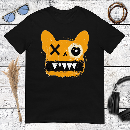 Colourful expressive dog face graphic printed on a black t-shirt