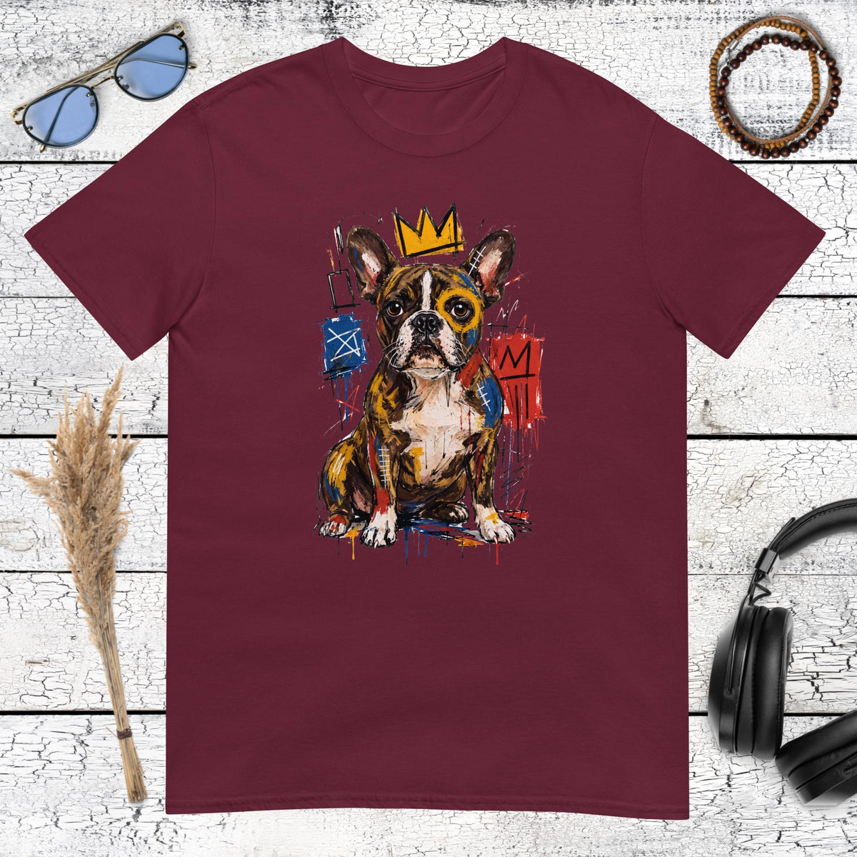 Colourful Boston Terrier street art graphic printed on a maroon t-shirt