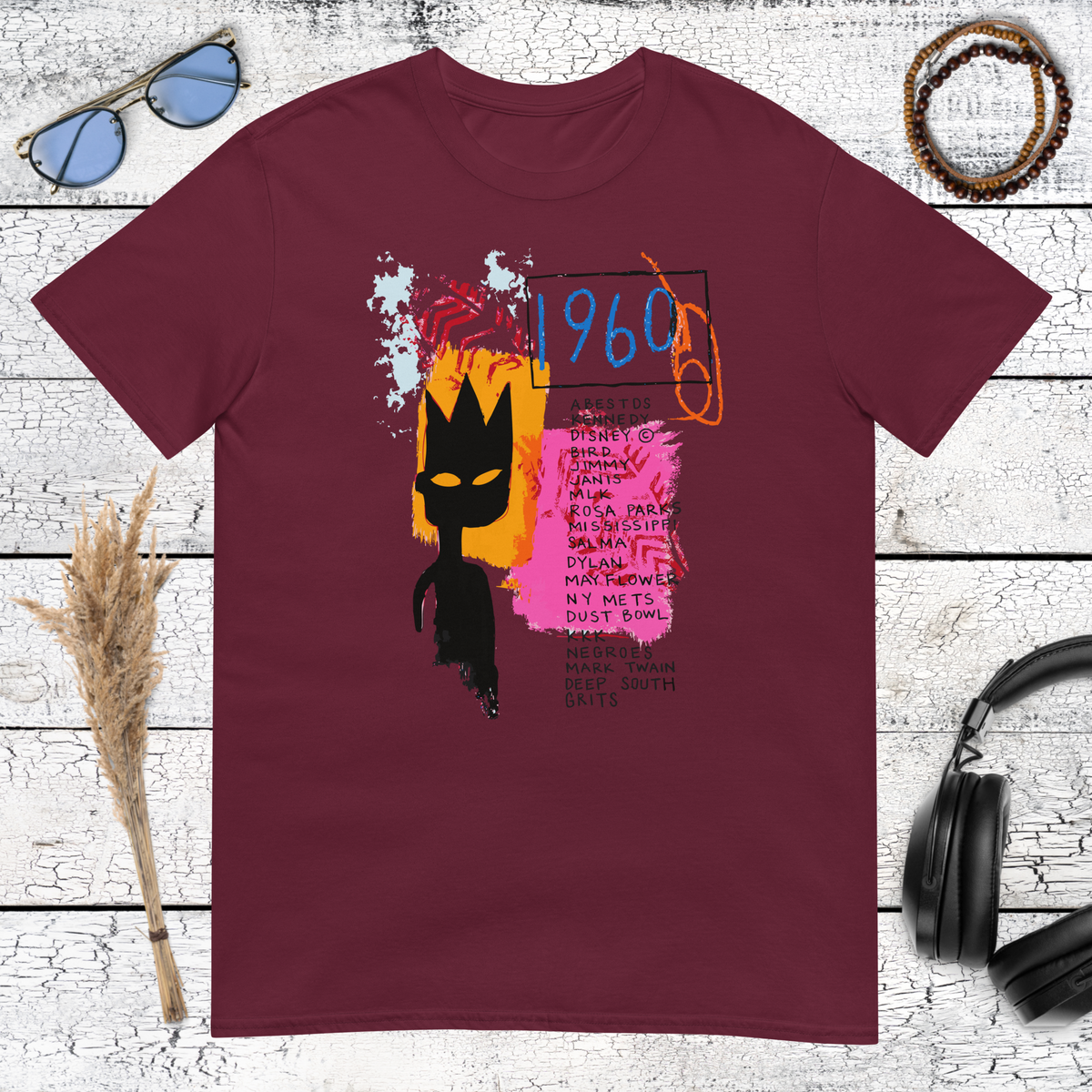Colourful neo-expressionist crowned portrait printed on a maroon t-shirt