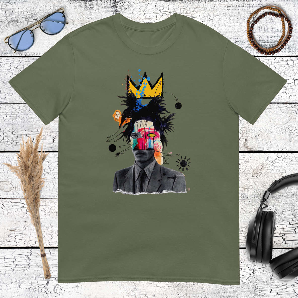 Abstract crown portrait with expressive graffiti details printed on a military green t-shirt