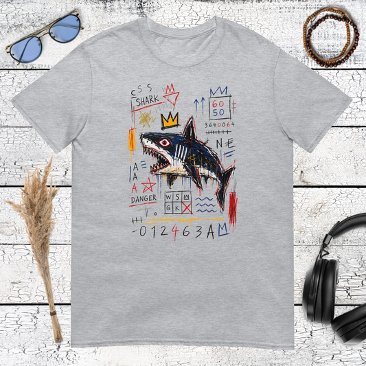 Colourful Basquiat-inspired crowned shark artwork with expressive symbols on a sport grey t-shirt