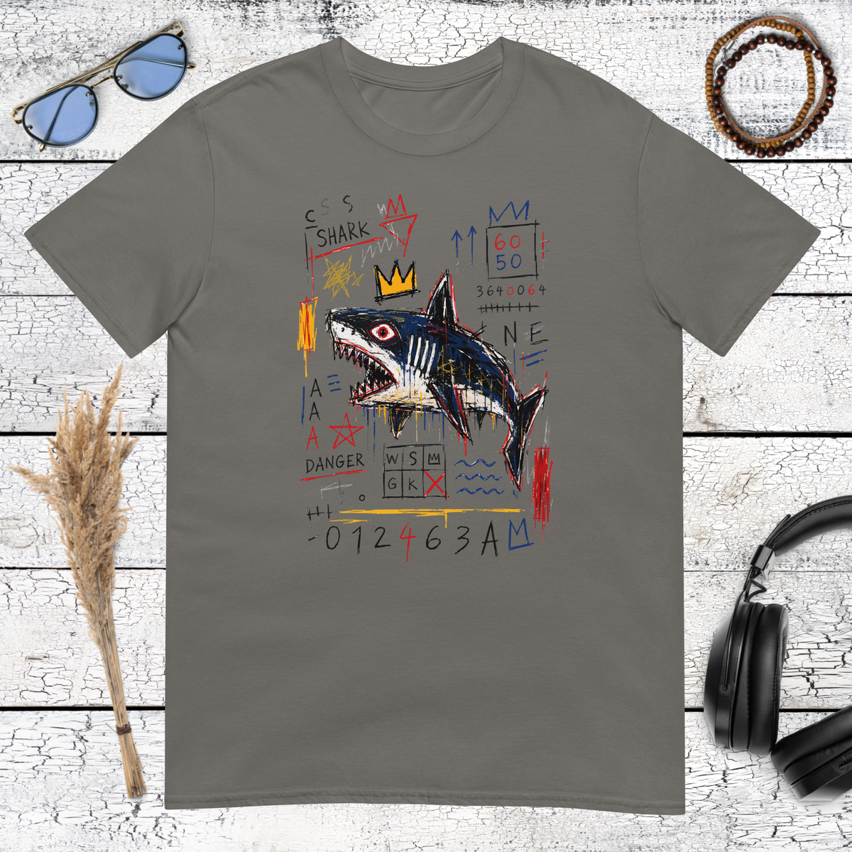Product moBold Jean-Michel Basquiat-inspired crowned shark graphic with colourful graffiti details on a charcoal t-shirtckup