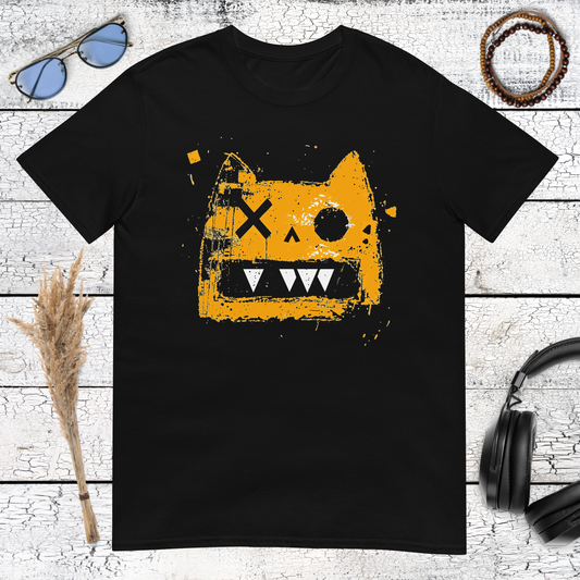 Neo-expressionist Basquiat style orange cat graffiti art on a black t-shirt