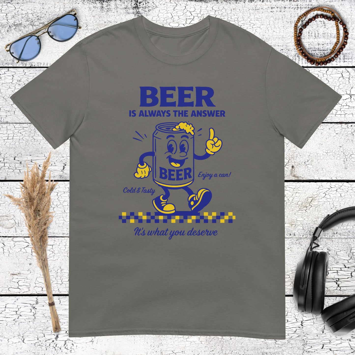 Vintage cartoon beer can character with sunglasses on charcoal t-shirt