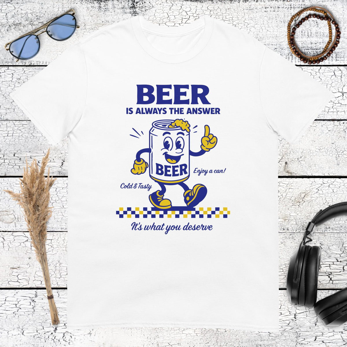 Vintage cartoon beer can character with sunglasses on white t-shirt