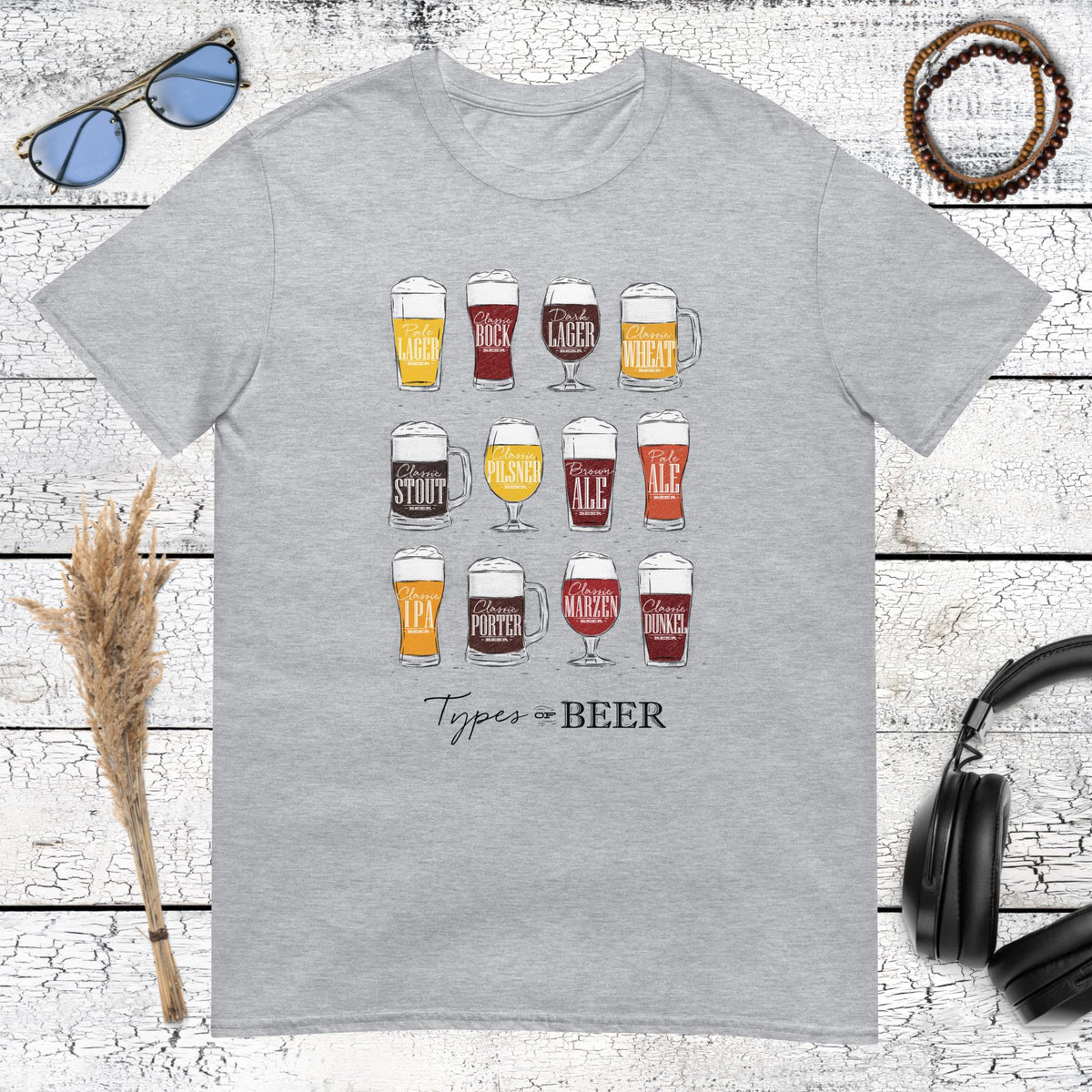 Retro beer glasses illustration with types of beer text on a sport grey t-shirt