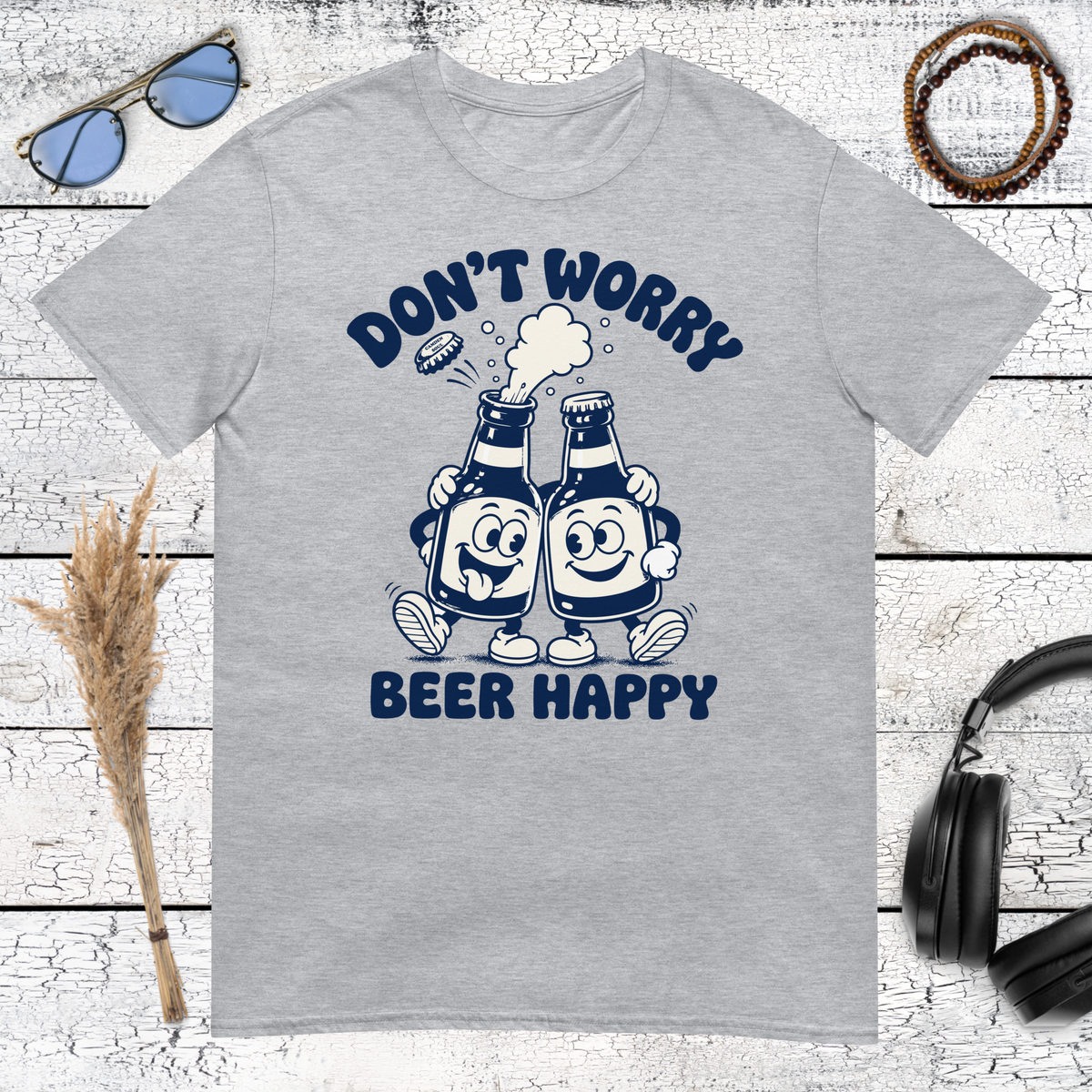 Funny beer graphic with Don’t Worry Beer Happy text printed on a sport grey t-shirt