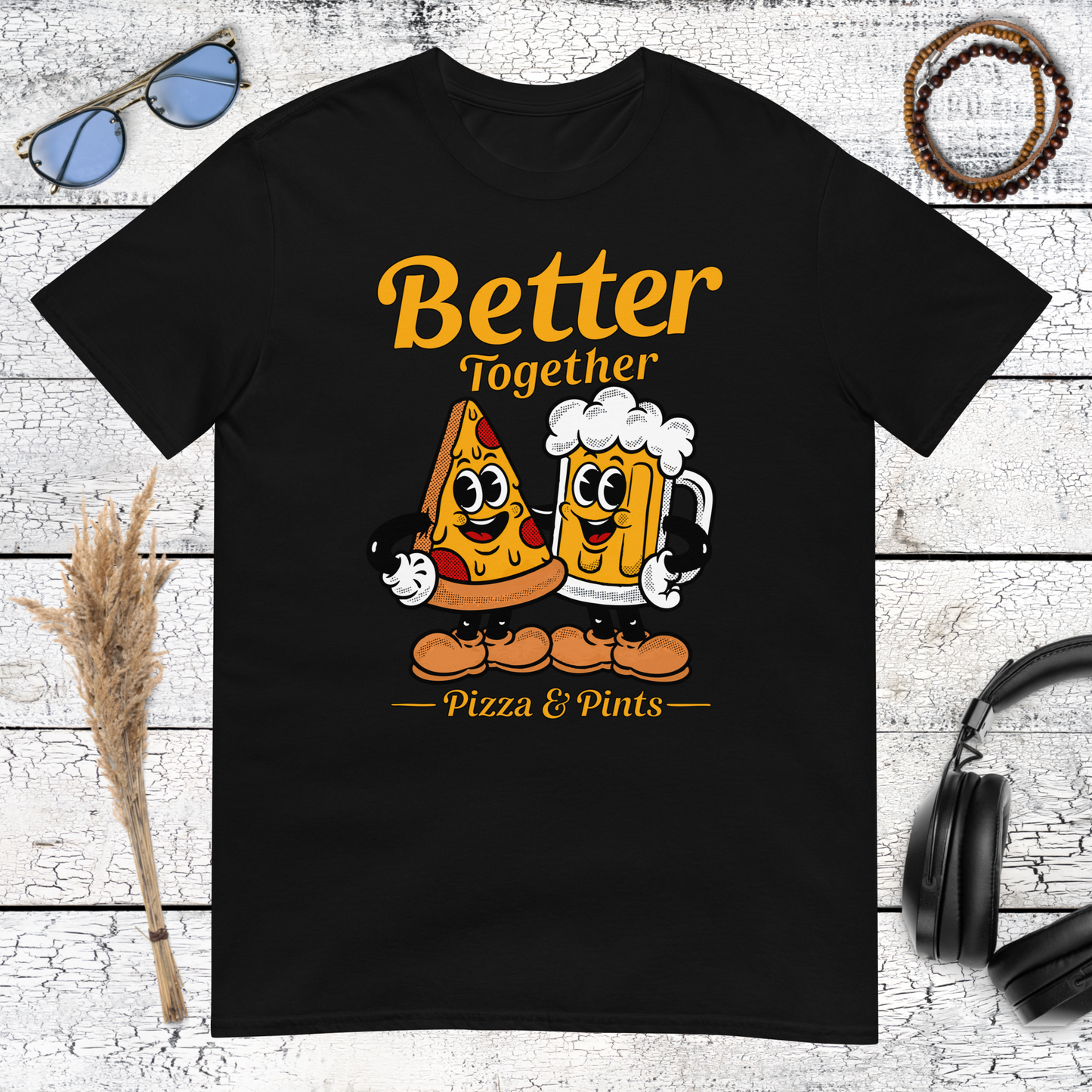 Retro pizza slice and beer glass with Better Together lettering on a black t-shirt