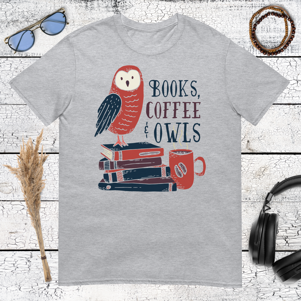 Books coffee and owl graphic printed on a sport grey t-shirt