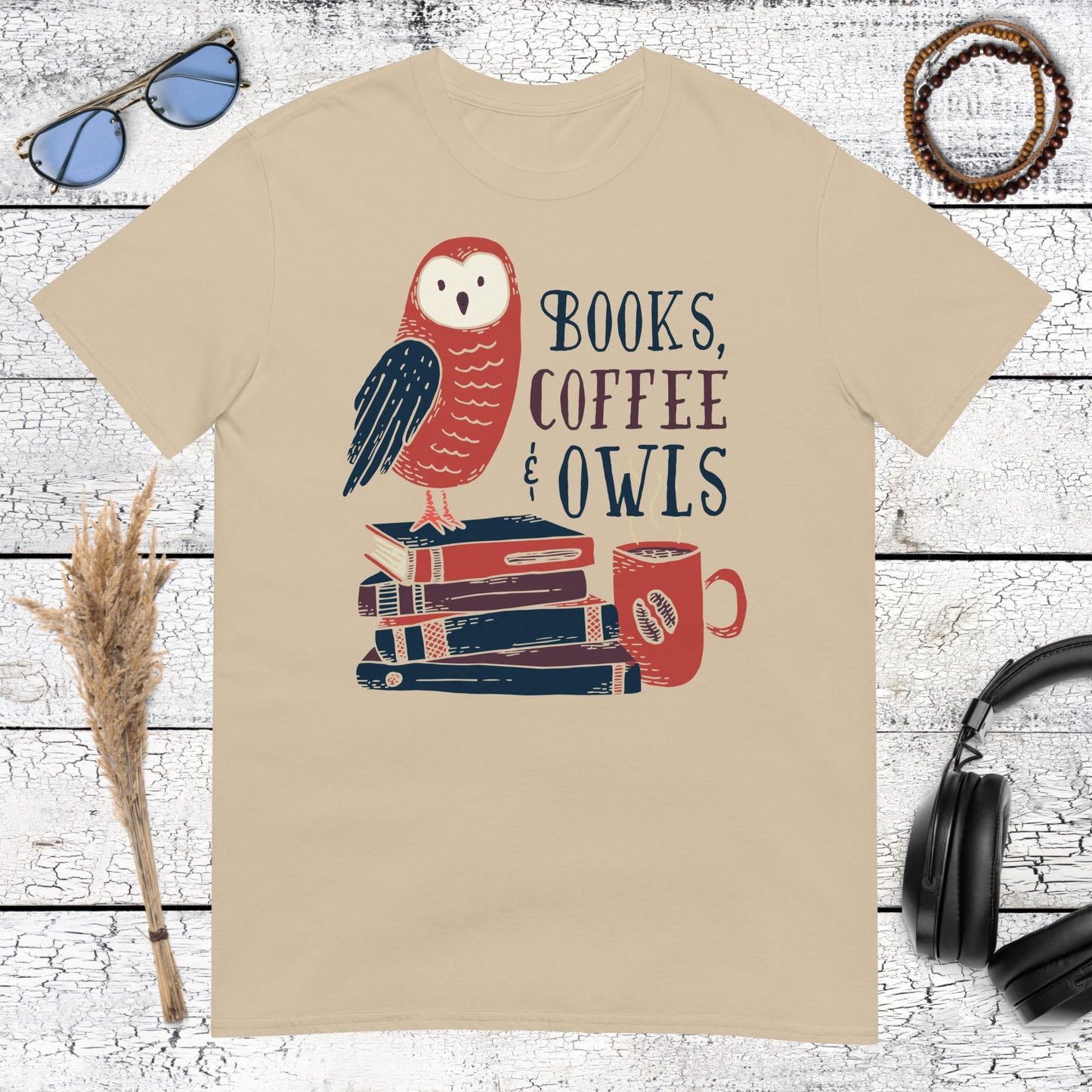 Cute books coffee and owl graphic printed on a sand t-shirt
