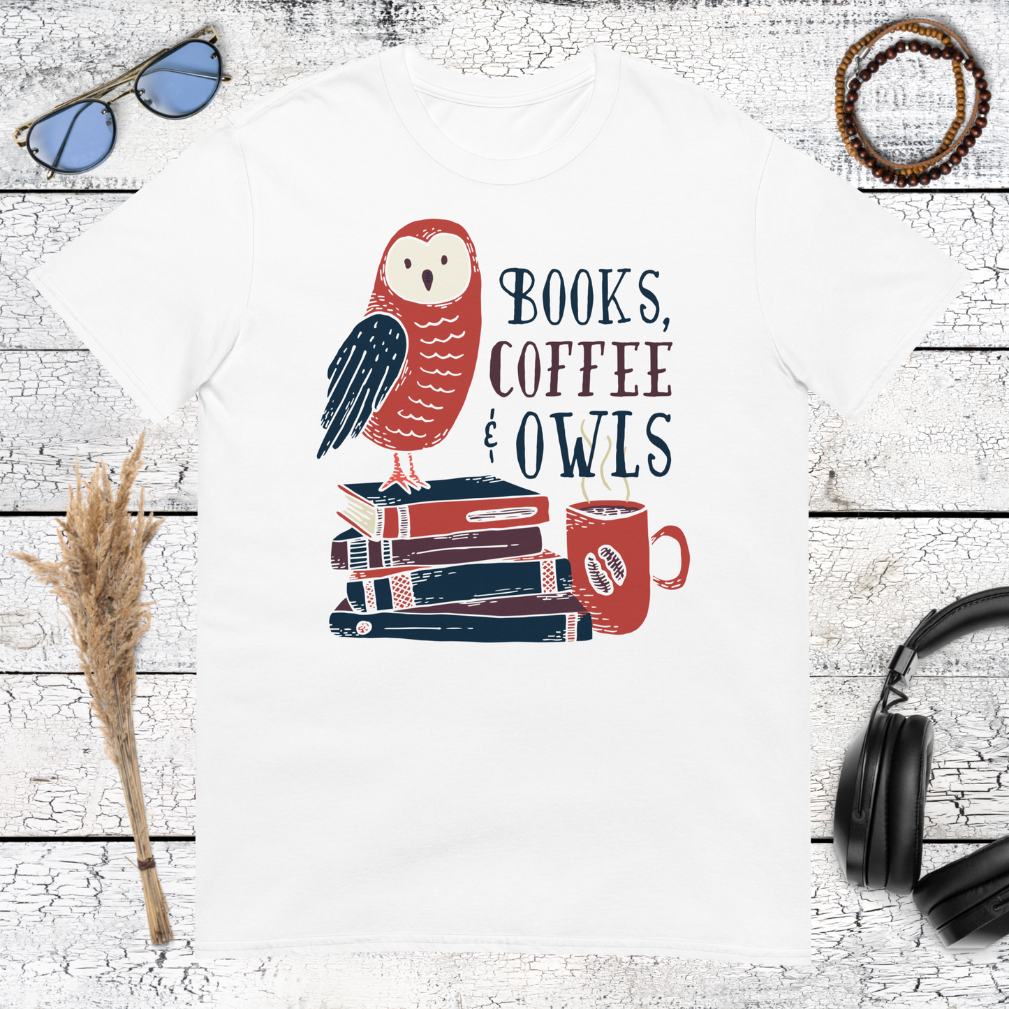 Cute owl books and coffee graphic printed on a white t-shirt