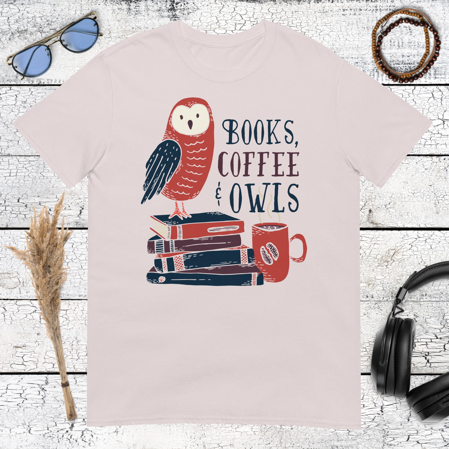 Cozy book lover and coffee graphic with an owl printed on an ice grey t-shirt