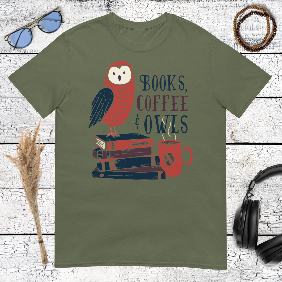 Books coffee and owl artwork printed on a military green t-shirt