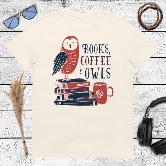 Books coffee and owl graphic printed on a natural cotton t-shirt
