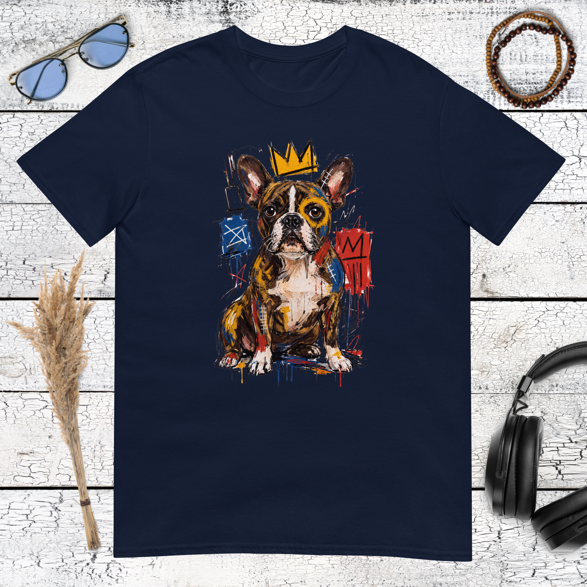 Colourful neo-expressionist Boston Terrier artwork printed on a navy blue t-shirt
