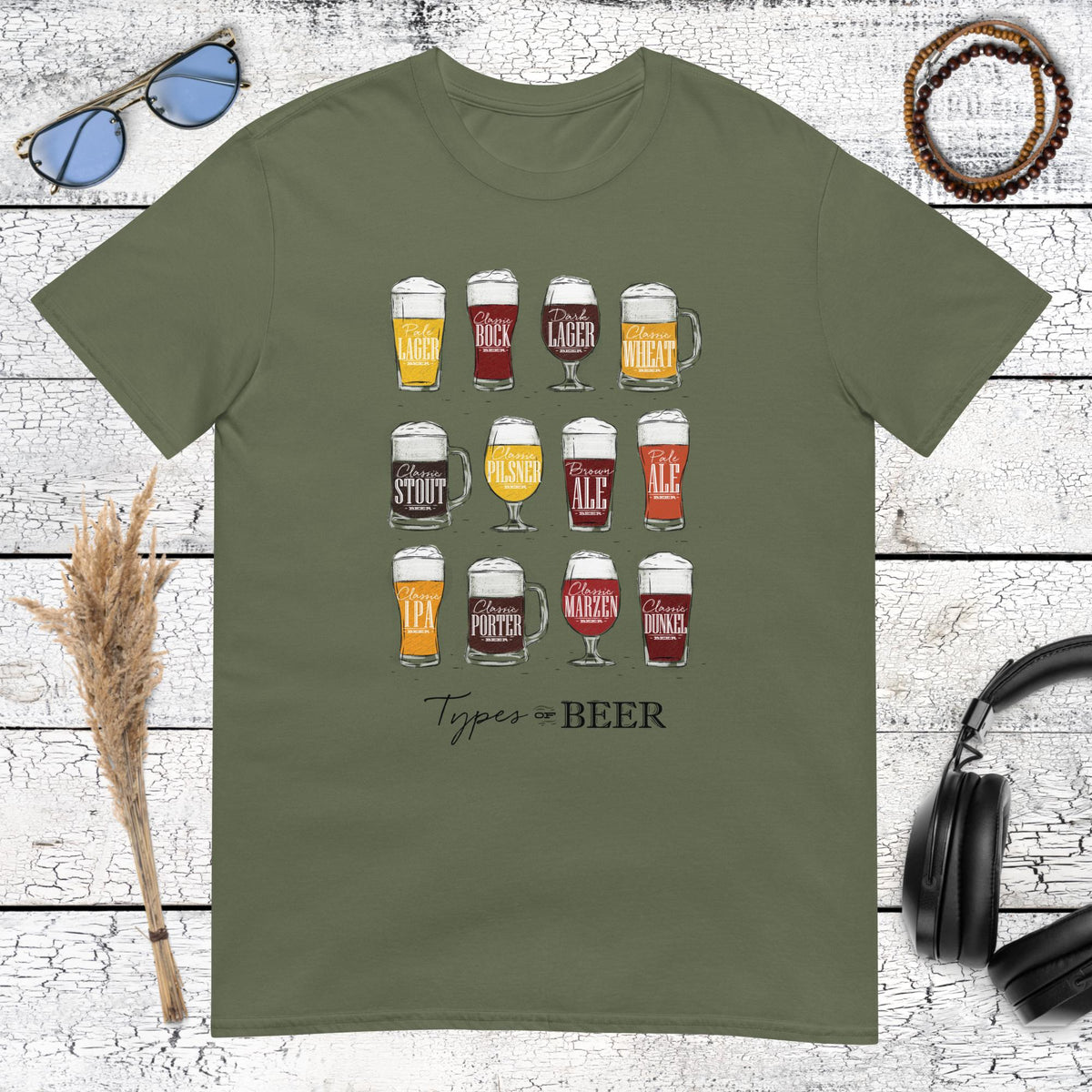 Professional beer types chart with variety of brews printed on a military green t-shirt