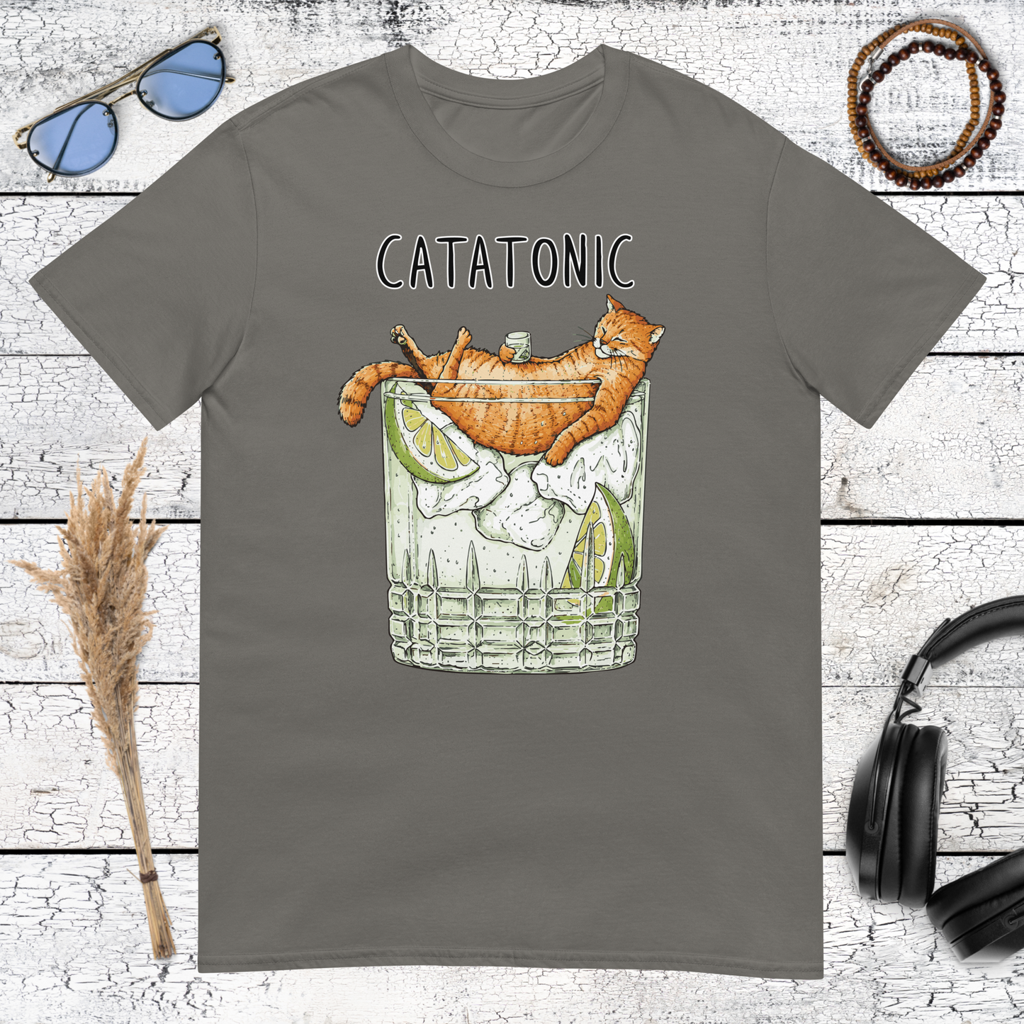 Vintage-style orange cat cocktail graphic with humorous lettering on a charcoal t-shirt