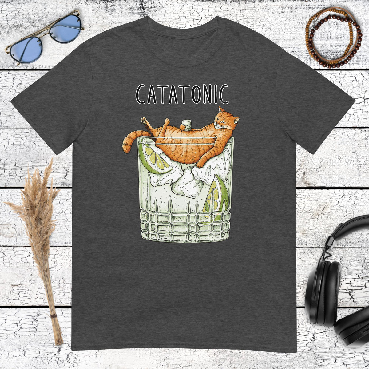 Vintage-style orange cat cocktail graphic with humorous lettering on a dark heather grey t-shirt