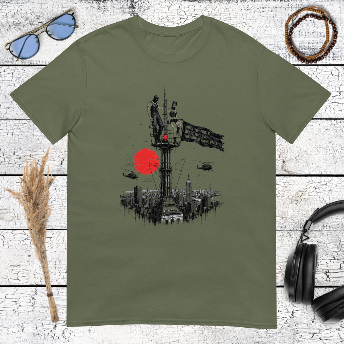 Retro monster movie style cat on city skyline on military green t-shirt