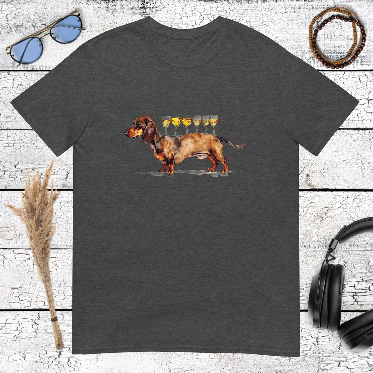 Product mockupSophisticated dog graphic showing a sausage dog with champagne on a dark heather grey t-shirt