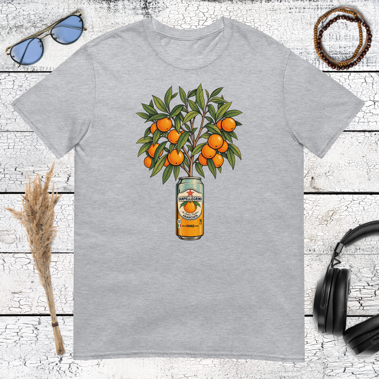 Colourful citrus fruit tree graphic printed on a sport grey t-shirt