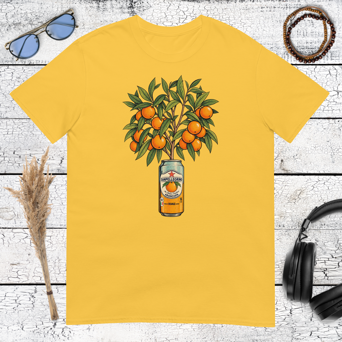 Colourful orange tree illustration printed on a daisy yellow t-shirt