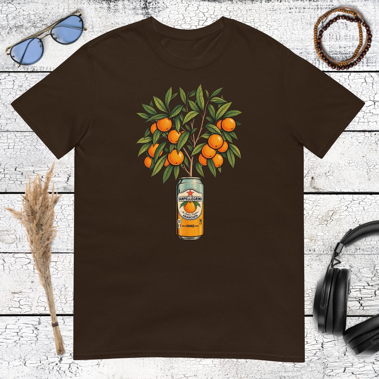 Vintage orange tree and fruit illustration printed on a dark chocolate t-shirt