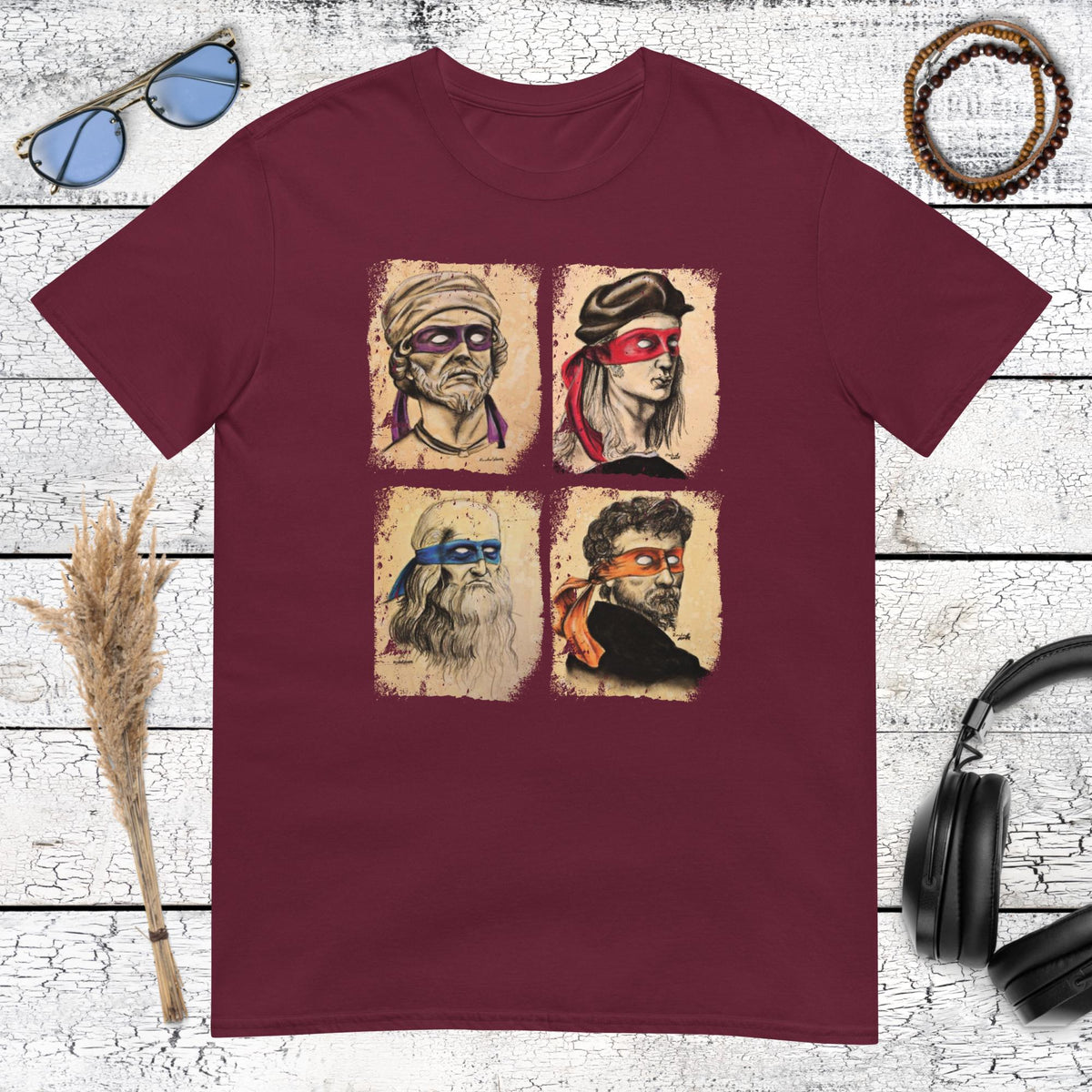 Creative Renaissance style portrait collage with ninja masks on a maroon t-shirt
