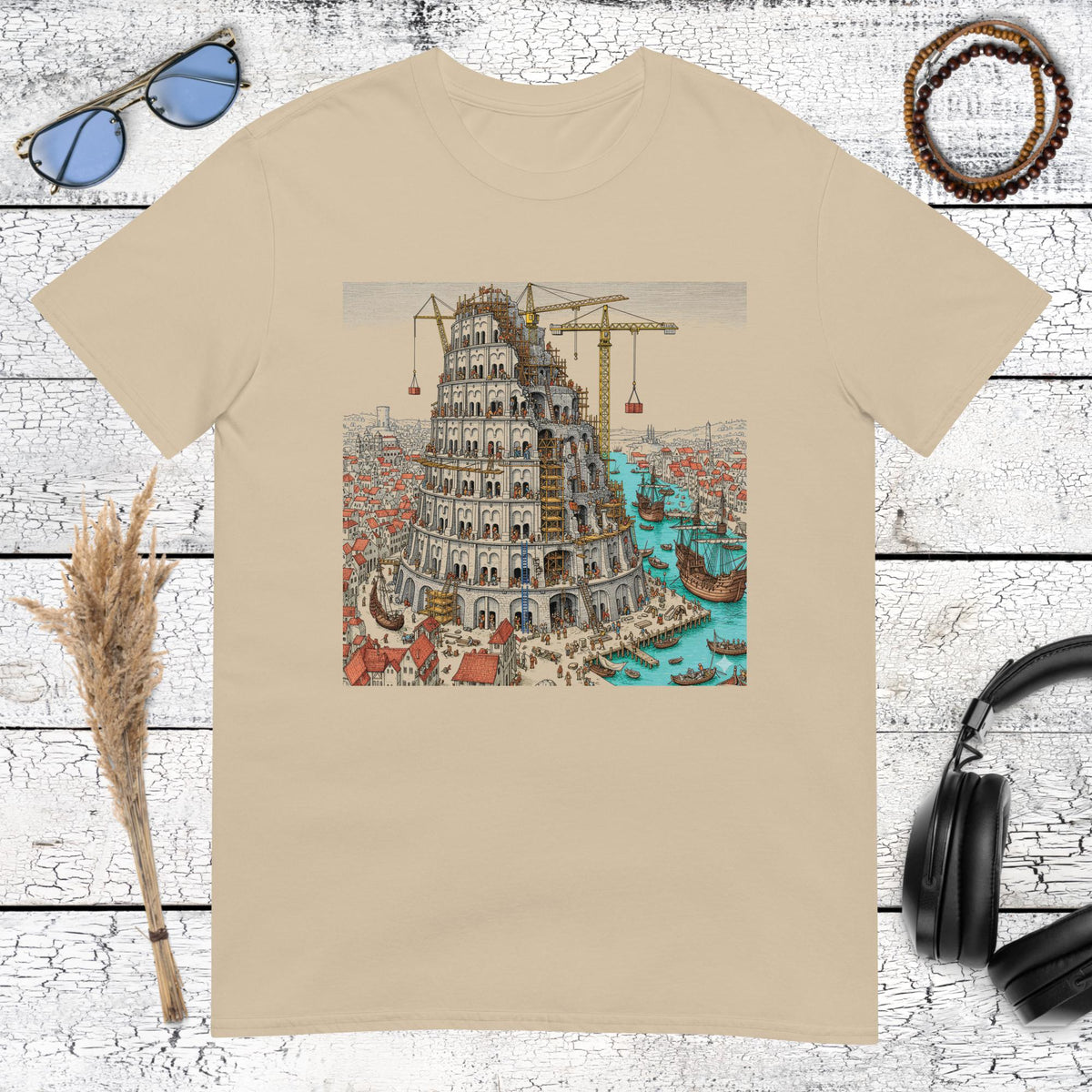 Biblical history art featuring the Tower of Babel illustration on a sand coloured t-shirt