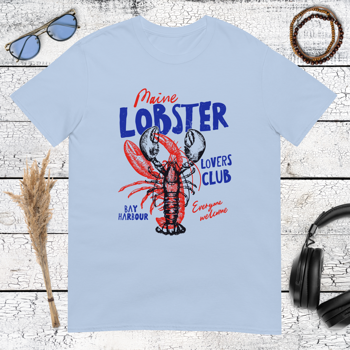 Vintage lobster artwork with nautical lettering on a light blue t-shirt