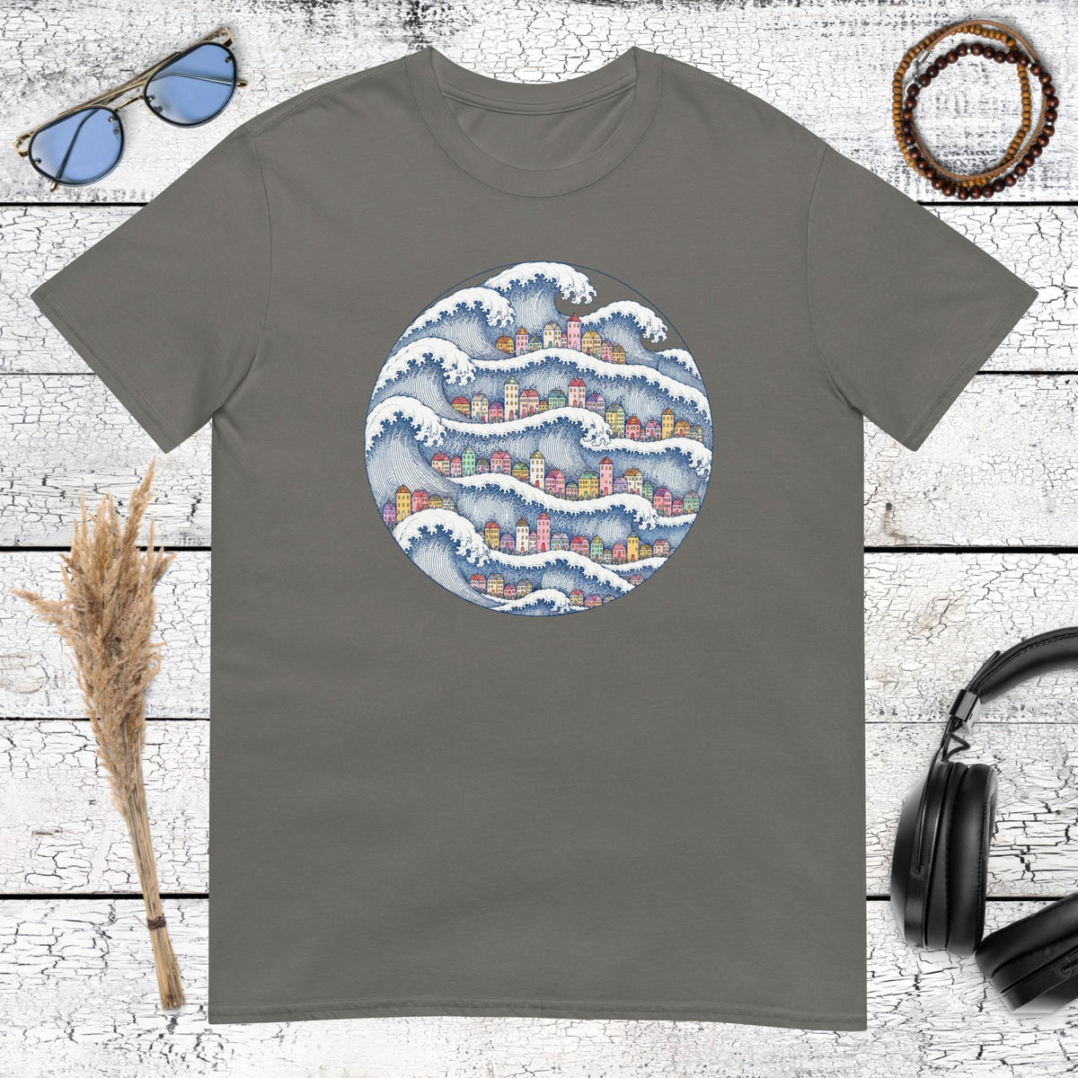 Ukiyo-style coastal wave and village graphic printed on a charcoal t-shirt