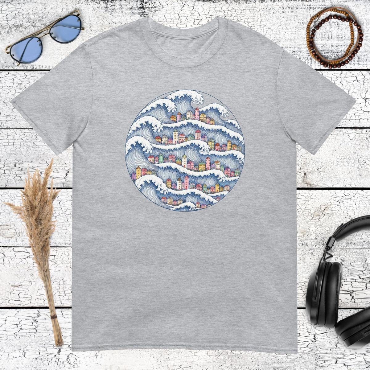 Minimalist Japanese wave and seaside village graphic printed on a sport grey t-shirt