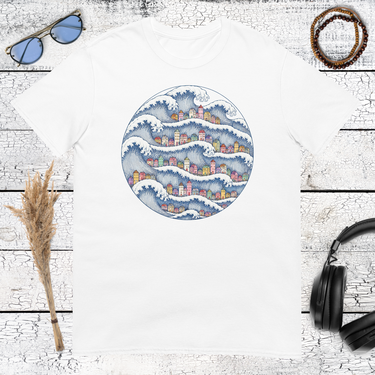 Japanese-inspired coastal wave and village graphic printed on a white t-shirt