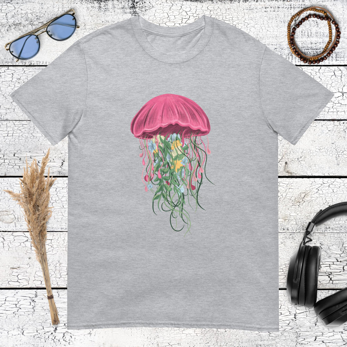 Artistic watercolor style jellyfish with tentacles on grey t-shirt