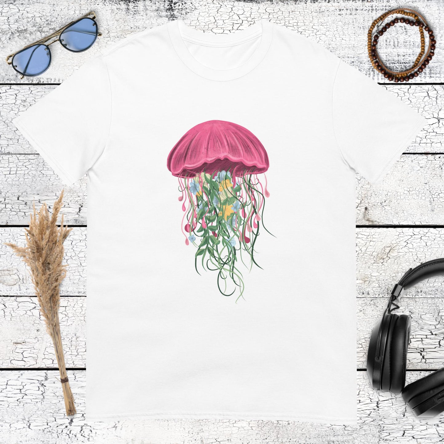 White Graphic Tee	Artistic watercolor style jellyfish with tentacles on white t-shirt