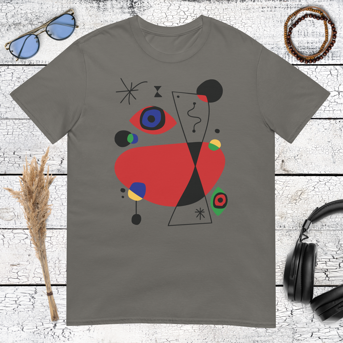 Miró-inspired colourful abstract artwork printed on a charcoal t-shirt