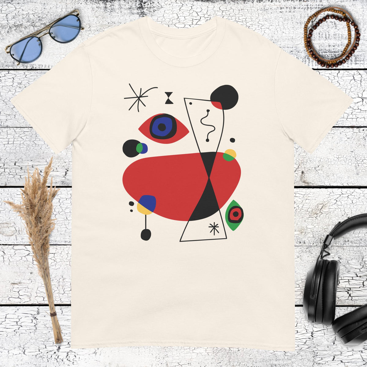 Miró-inspired abstract geometric artwork printed on a natural cotton t-shirt