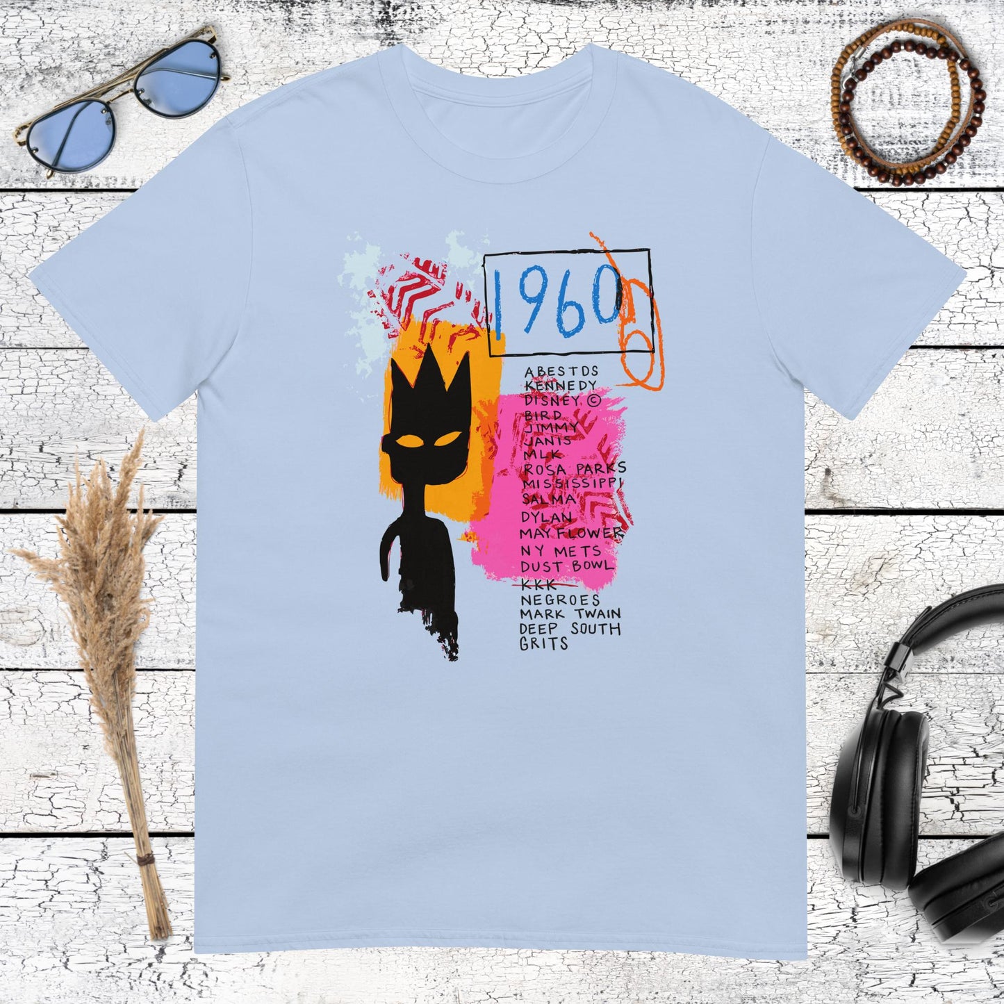 Product Vibrant crowned portrait with abstract street art details on a light blue t-shirt