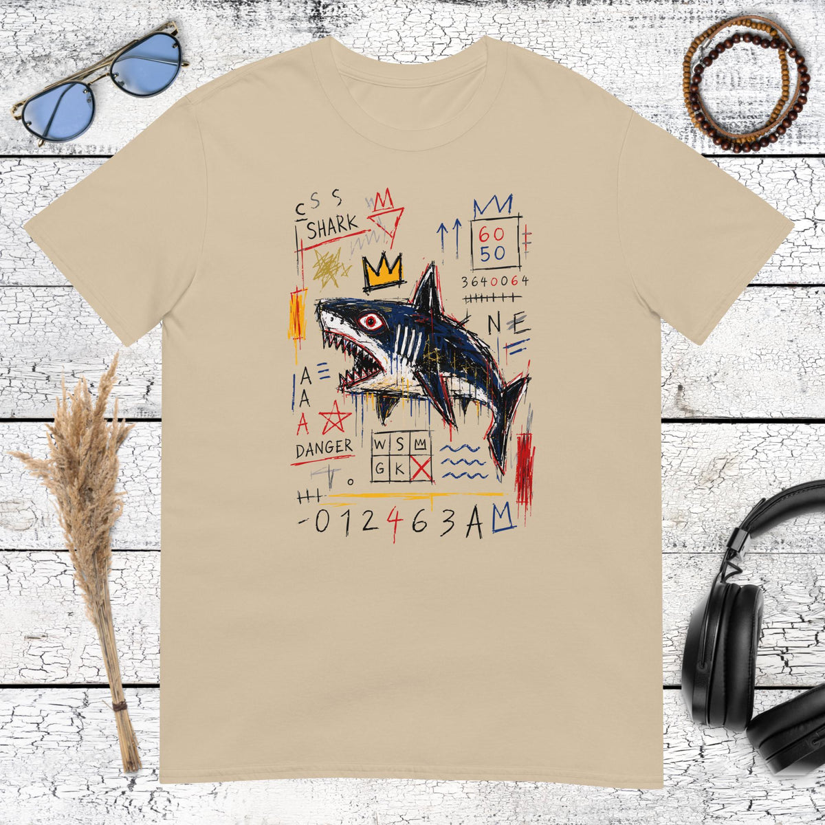 Vibrant crowned shark artwork with graffiti-style details on a sand coloured t-shirt