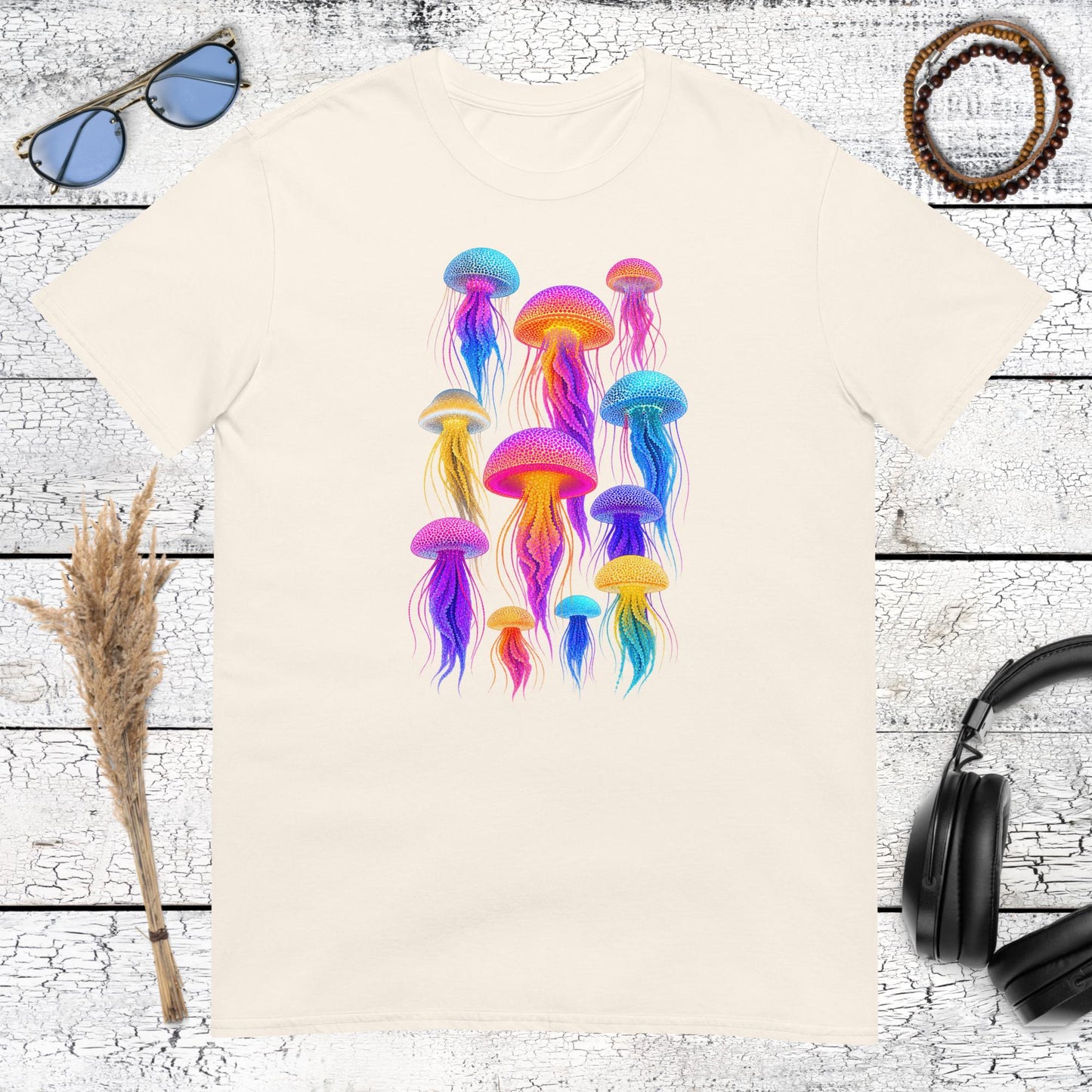 Vibrant jellyfish graphic printed on a natural cotton t-shirt